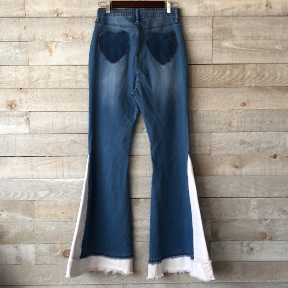 Fashion Nova patchwork heart pocket bell bottom jeans